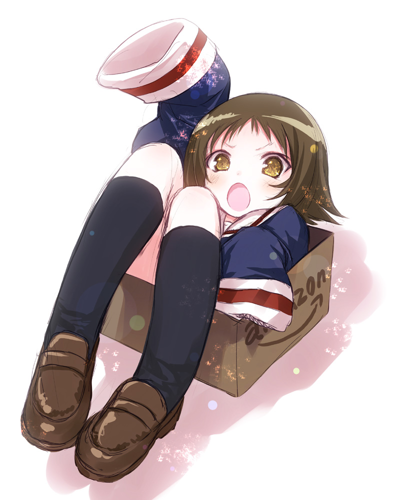 1girl, amazon_(company), box, brown_hair, cardboard_box, kiira, long_hair, mikakunin_de_shinkoukei