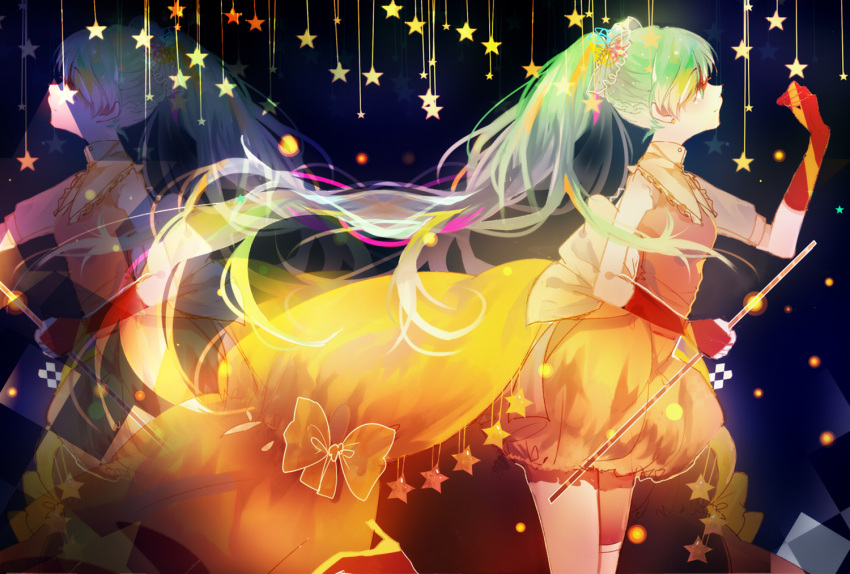 1girl, elbow_gloves, floating_hair, gloves, green_eyes, green_hair, hanaka, hatsune_miku
