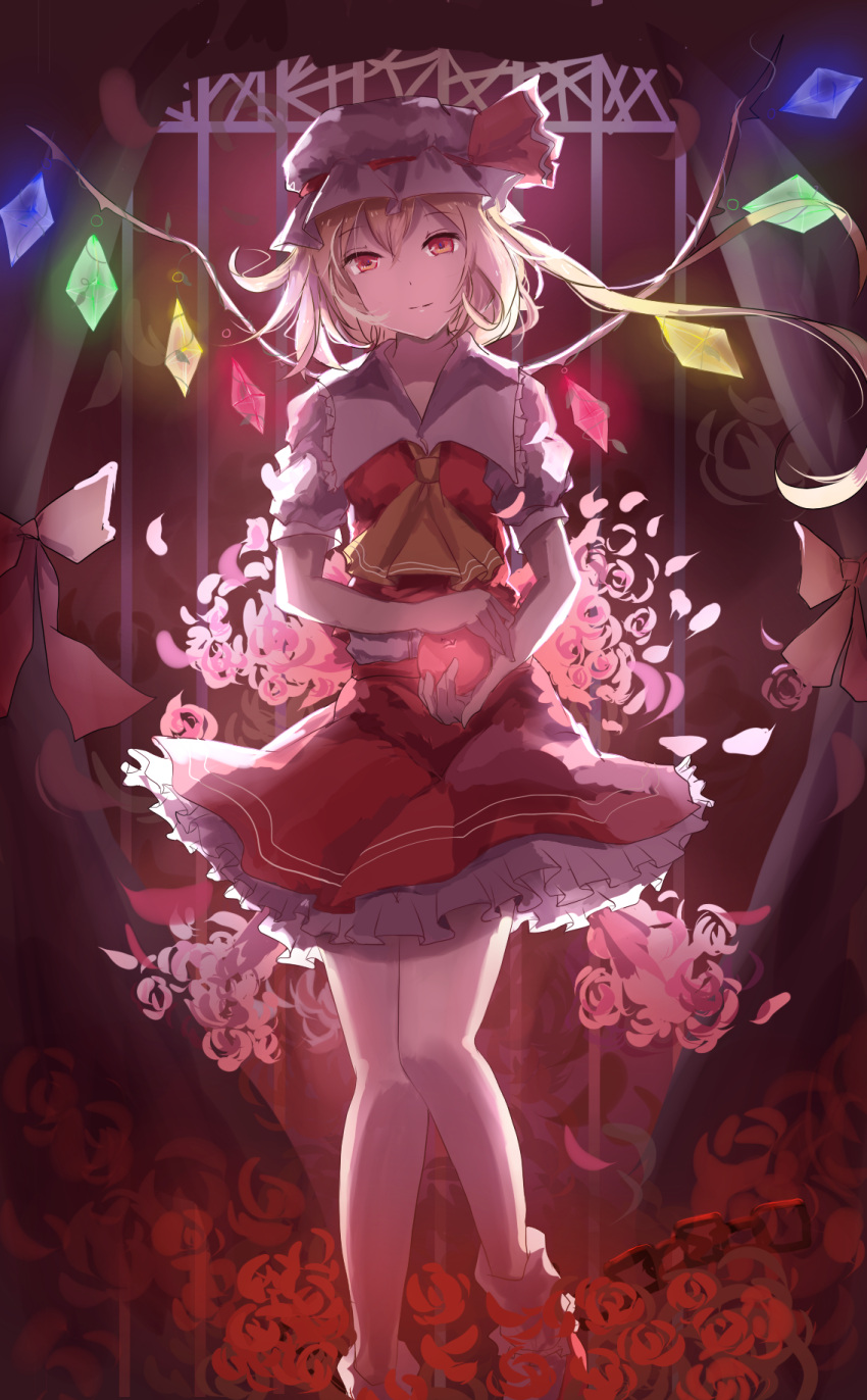 1girl, ankle_socks, apple, ascot, blonde_hair, chain, curtains, flandre_scarlet
