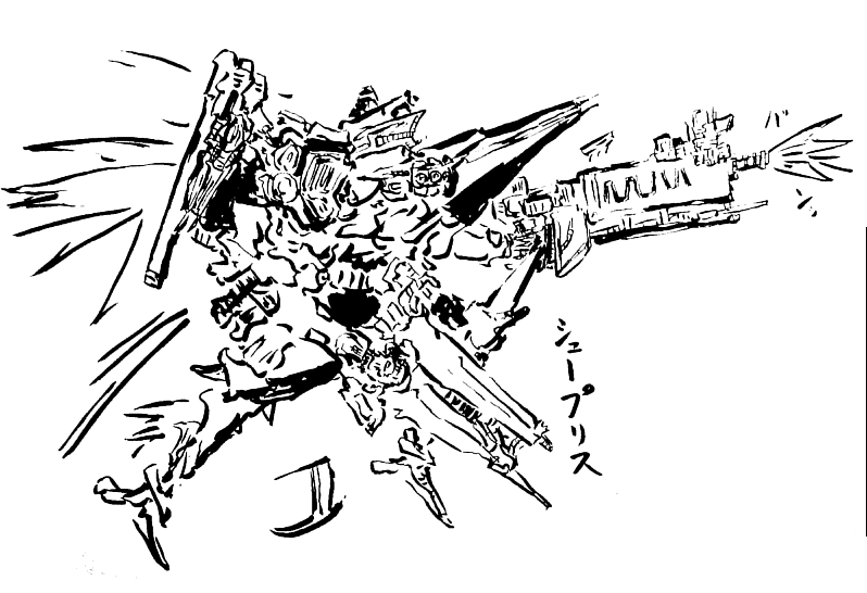 armored_core, armored_core_4, berlioz, flying, gun, mecha, monochrome, supplice