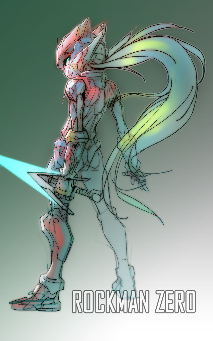 1boy, absurdly_long_hair, arched_back, arms_at_sides, back, blue_eyes, copyright_name, energy_sword