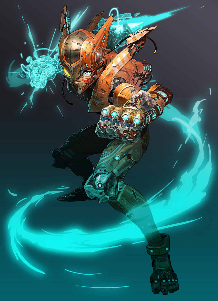 1boy, absurdres, blue_eyes, clenched_hand, clenched_teeth, cybernetic_eye, cyborg, damaged, energy, feet, fighting_stance, flare, foreshortening, head_fins, helmet, highres, incoming_punch, knees, ladic, legs, original, solo, squatting, toes, wire