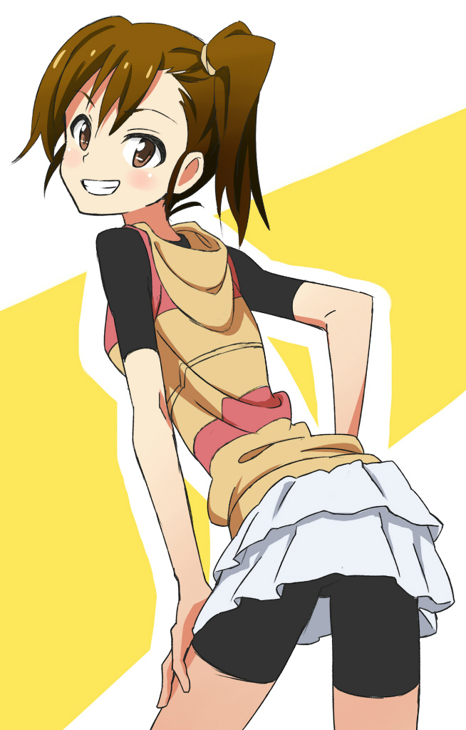 1girl, bike_shorts, brown_eyes, brown_hair, eiraprpr, female, futami_mami, grin