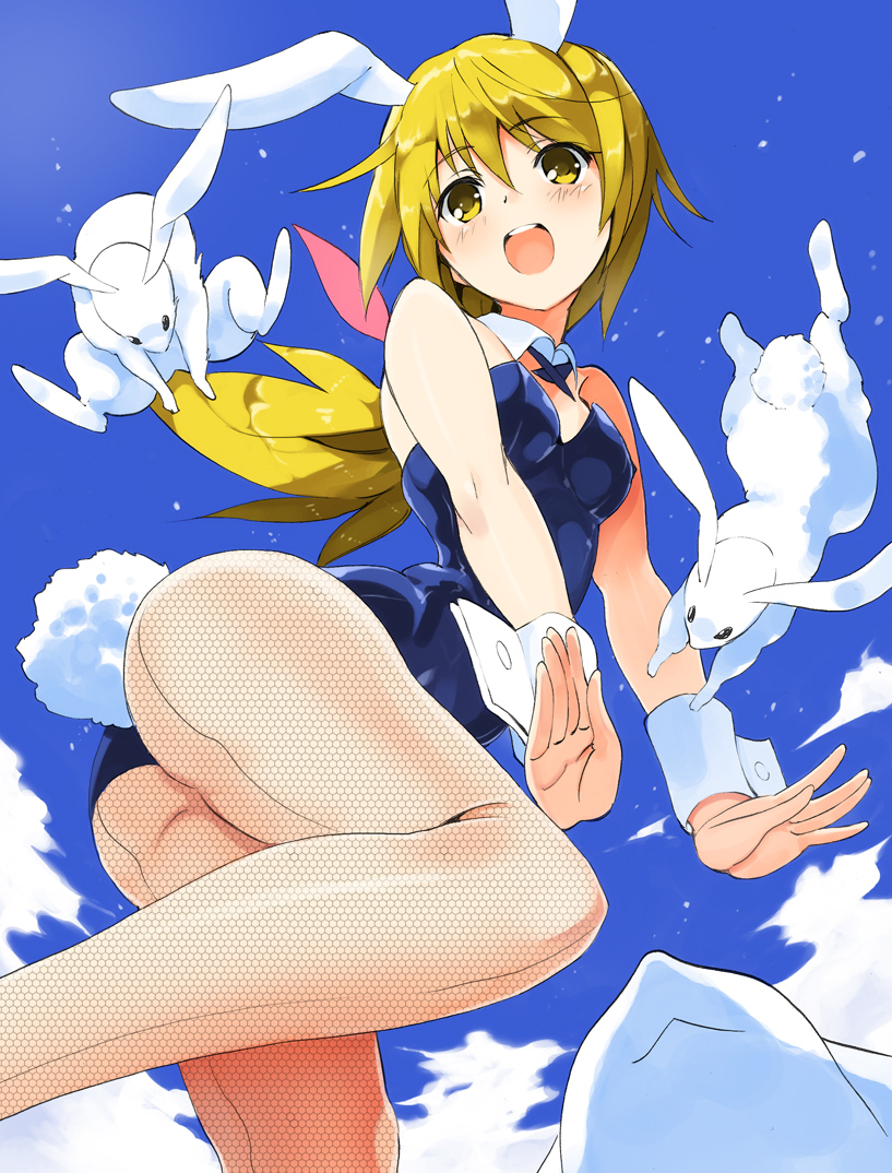 1girl, animal_ears, blonde_hair, bunny_girl, bunny_tail, charlotte_dunois, fishnet_pantyhose, fishnets