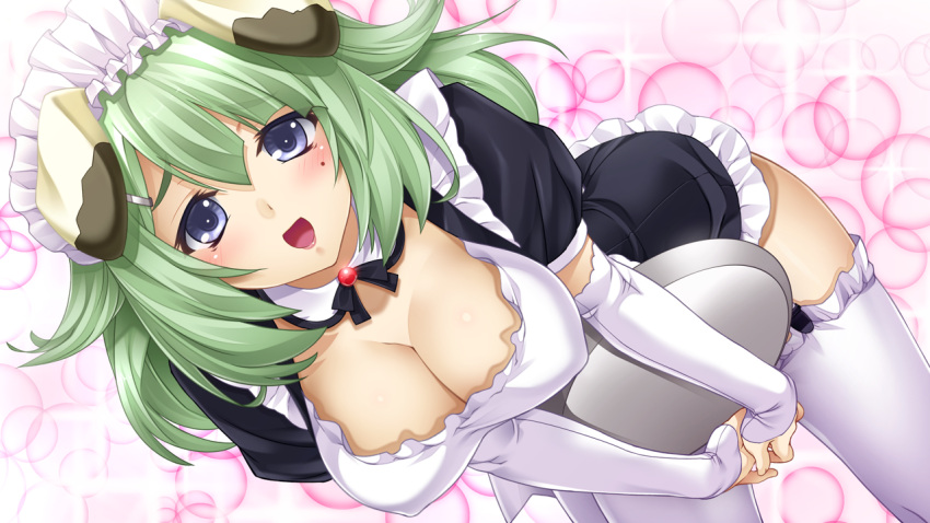 1girl, animal_ears, blue_eyes, blush, breasts, character_request, cleavage, detached_collar