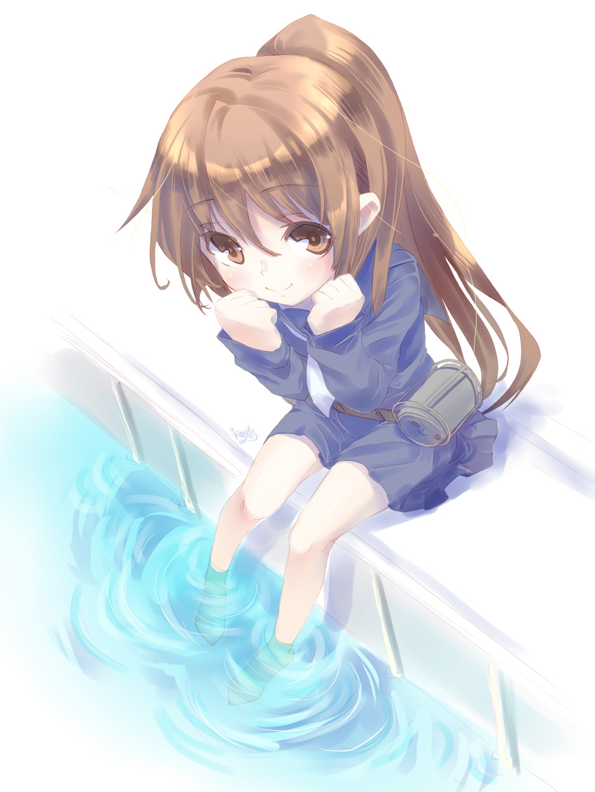 1girl, absurdres, brown_eyes, brown_hair, depth_charge, fumizuki_(kantai_collection), highres, kantai_collection, long_hair, looking_at_viewer, negativeundead, personification, ponytail, sitting, smile, solo, water