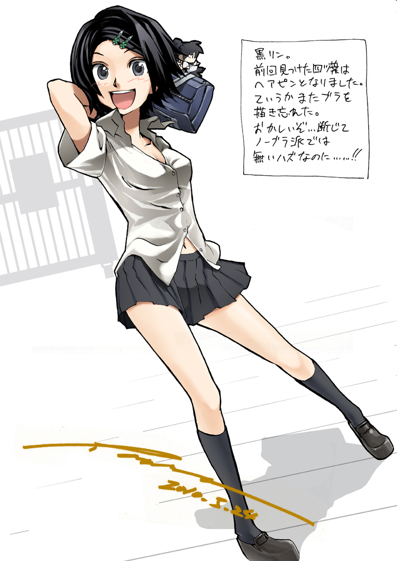 1girl, alternate_hair_color, arm_behind_head, bag, black_hair, black_legwear, breasts, cleavage