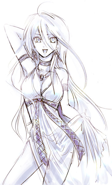 1girl, :d, breasts, choker, cleavage, dress, earrings, jewelry, kisara, long_hair, open_mouth, rain0129, sketch, smile, solo, very_long_hair, yuu-gi-ou, yuu-gi-ou_duel_monsters