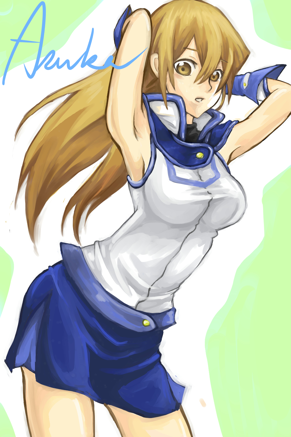 1girl, armpits, breasts, brown_eyes, brown_hair, gloves, highres, long_hair, metallica0807, miniskirt, school_uniform, skirt, solo, tenjouin_asuka, turtleneck, yuu-gi-ou, yuu-gi-ou_gx