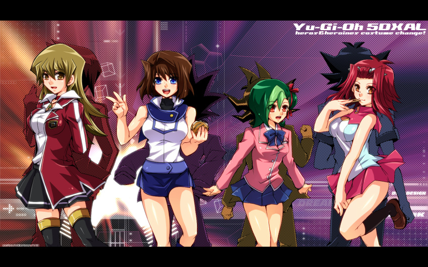 4girls, :d, arms_behind_back, blazer, blonde_hair, blue_eyes, bow, breasts, brown_eyes, brown_hair, costume_switch, female, green_hair, highres, izayoi_aki, izayoi_aki_(cosplay), long_hair, mazaki_anzu, mazaki_anzu_(cosplay), miniskirt, mizuki_kotori_(cosplay), mizuki_kotori_(yuu-gi-ou_zexal), mugicha_(sukimachaya), multiple_girls, open_mouth, red_eyes, redhead, school_uniform, short_hair, skirt, smile, tenjouin_asuka, tenjouin_asuka_(cosplay), thighhighs, v, yuu-gi-ou, yuu-gi-ou_5d's, yuu-gi-ou_duel_monsters, yuu-gi-ou_gx, yuu-gi-ou_zexal