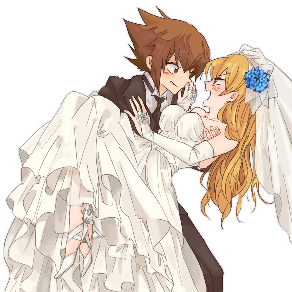 1boy, 1girl, bare_shoulders, blonde_hair, blush, breasts, brown_hair, calma0