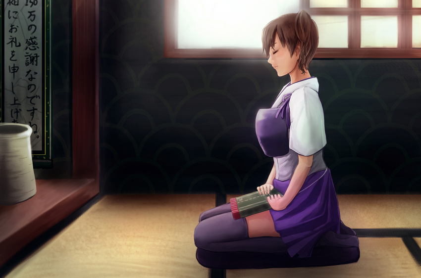 1girl, black_legwear, blush, breasts, brown_hair, cushion, hakama_skirt, highres