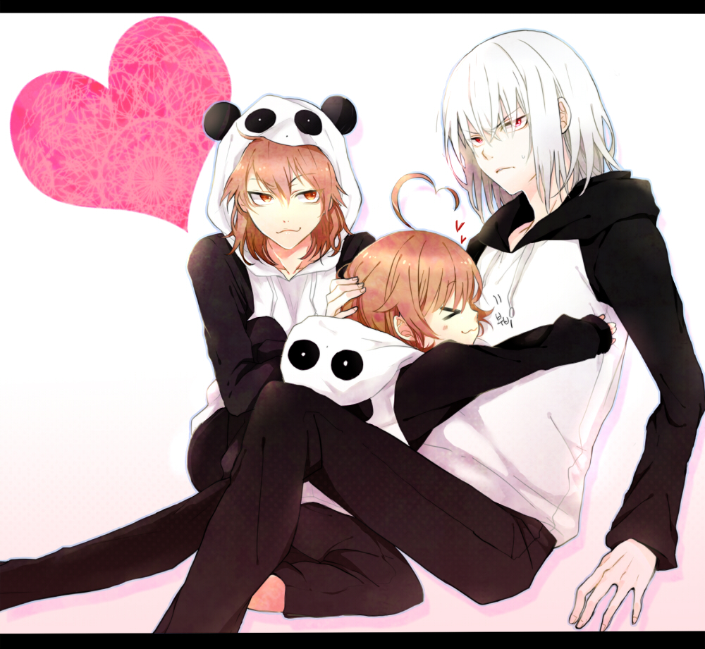 1boy, 2girls, accelerator, ahoge, animal_costume, brown_eyes, brown_hair, child