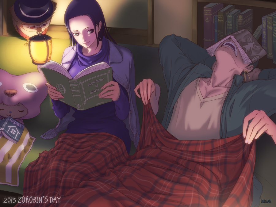 animal_costume, bird, black_eyes, black_hair, blanket, book, bookshelf, hat, lamp, long_hair, nico_robin, one_piece, owl, roronoa_zoro, sitting, sleeping, smile, tony_tony_chopper, turtleneck, v-neck, zugan_(berugkamp)