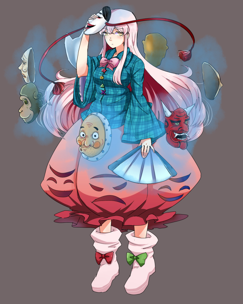 1girl, bow, bubble_skirt, fan, folding_fan, hata_no_kokoro, highres, mask