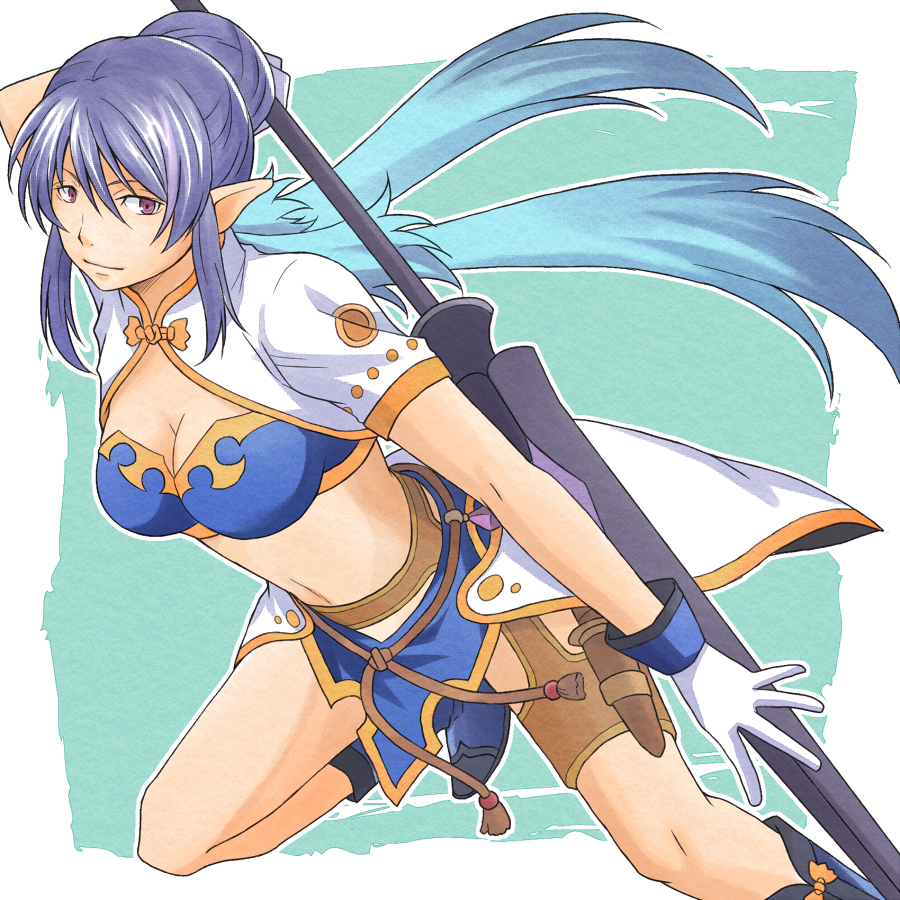 1girl, aqua_background, blue_hair, gloves, hair_bun, judith, long_hair, mishiro_(andante)