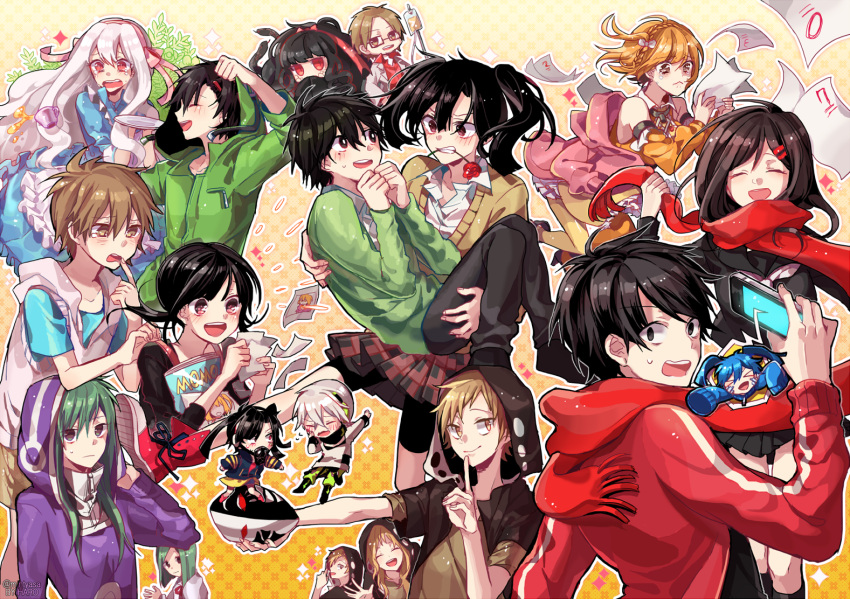 amamiya_hibiya, asahina_hiyori, azami_(kagerou_project), black_hair, blonde_hair, carrying, dual_persona, ene_(kagerou_project)