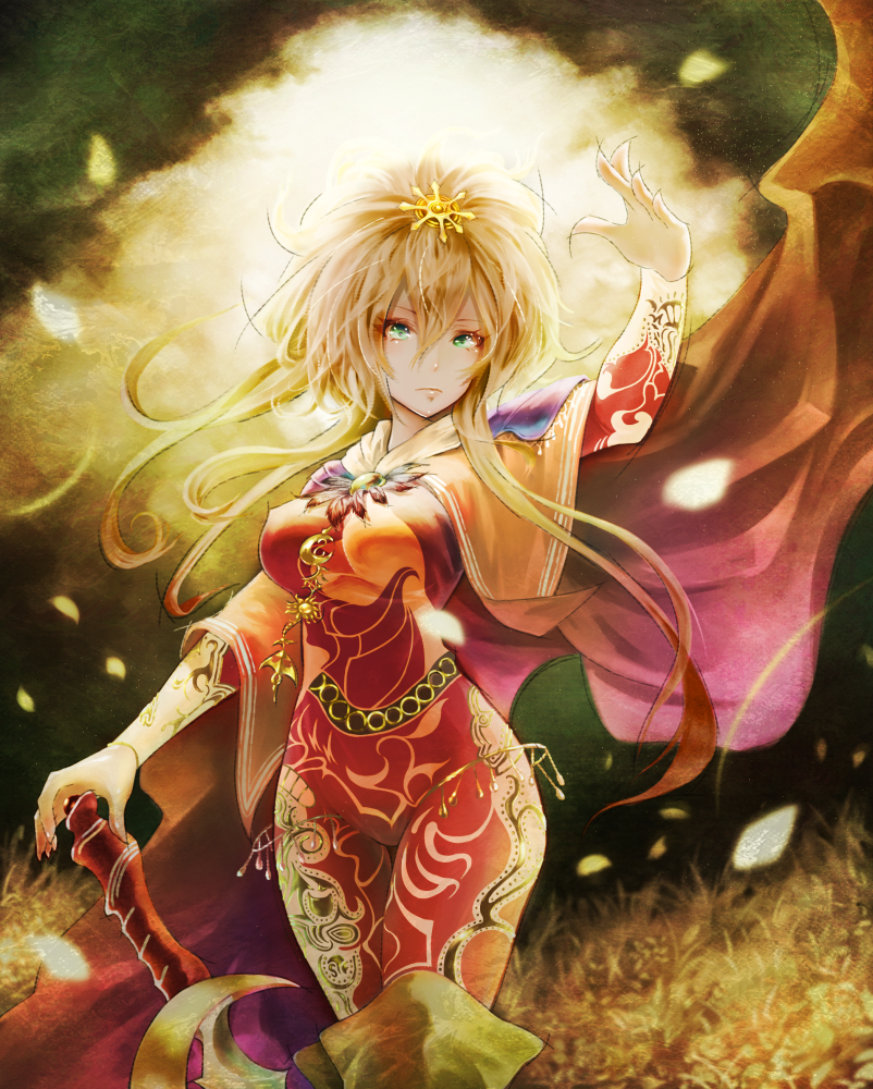 1girl, akai_kitsune, arm_up, blonde_hair, bodysuit, boots, breasts, cape
