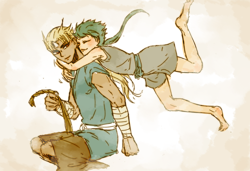 2boys, barefoot, closed_eyes, green_hair, horn, hug, hug_from_behind, inazuma_eleven_(series)