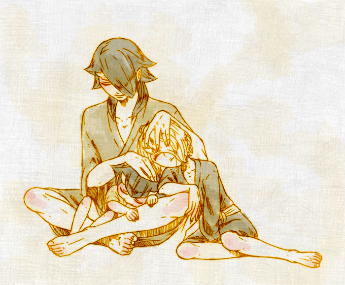 3boys, barefoot, hand_on_another's_head, horn, inazuma_eleven_(series), inazuma_eleven_go, inazuma_eleven_go_chrono_stone, kyuu_(inazuma_eleven)
