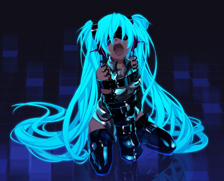 aqua_hair, bdsm, belt, black_legwear, blindfold, bondage, detached_sleeves, frogtie, glowing, glowing_hair, hair_ornament, hatsune_miku, headphones, leather, long_hair, monoglove, neon_lights, open_mouth, osamu_(jagabata), reflective_floor, sitting, skirt, solo, thigh-highs, thighhighs, tied, twintails, very_long_hair, vocaloid, zettai_ryouiki