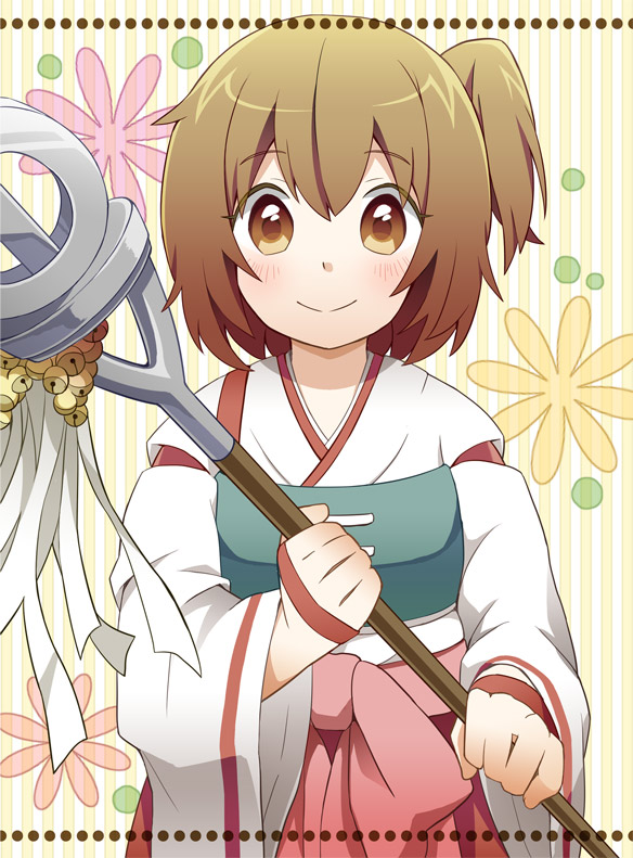 1girl, blush, brown_eyes, brown_hair, flower, hakama, japanese_clothes, log_horizon