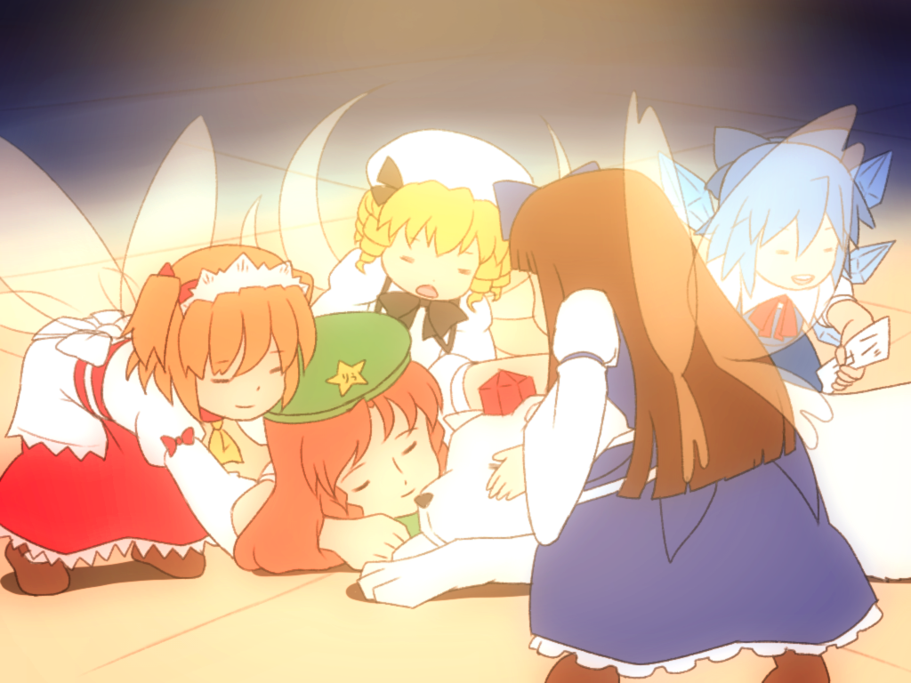 5girls, a_dog_of_flanders, blonde_hair, bow, brown_hair, cirno, closed_eyes, drill_hair, fairy_wings, hair_bow, hat, hat_bow, headdress, hong_meiling, ice, ice_wings, inubashiri_momiji, inubashiri_momiji_(wolf), long_hair, luna_child, multiple_girls, open_mouth, parody, redhead, shirosato, short_hair, sleeping, star_sapphire, sunny_milk, touhou, twintails, wings