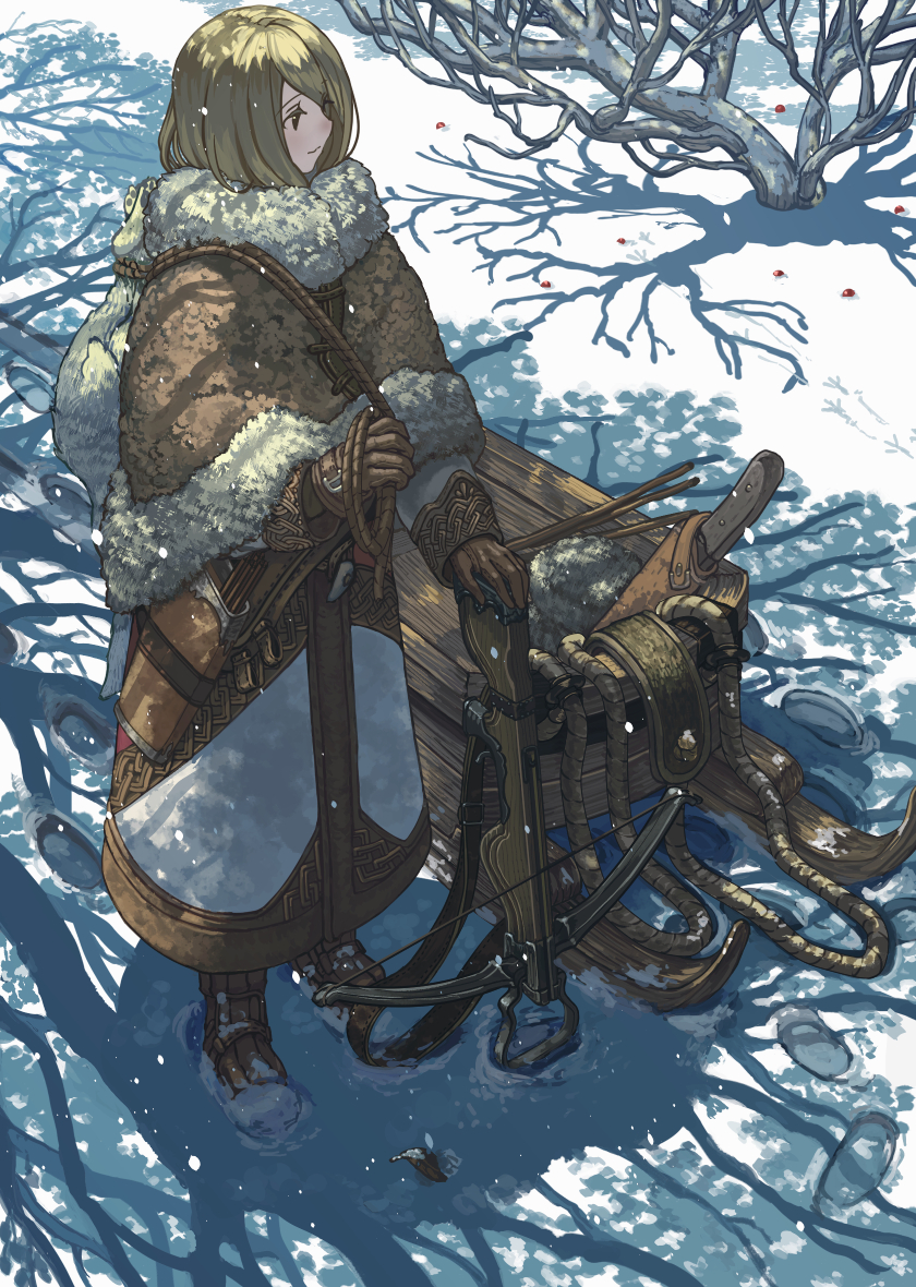 1girl, bare_tree, berries, blonde_hair, bob_cut, boots, bow_(weapon), capelet, crossbow, crossbow_bolts, dress, footprints, fur, fur_trim, gloves, knife, leaf, leather, leather_boots, leather_gloves, looking_away, original, outdoors, quiver, rabbit, rope, rueken, shade, shadow, sheath, sheathed, short_hair, sleigh, snow, standing, stick, tree, tree_shade, weapon
