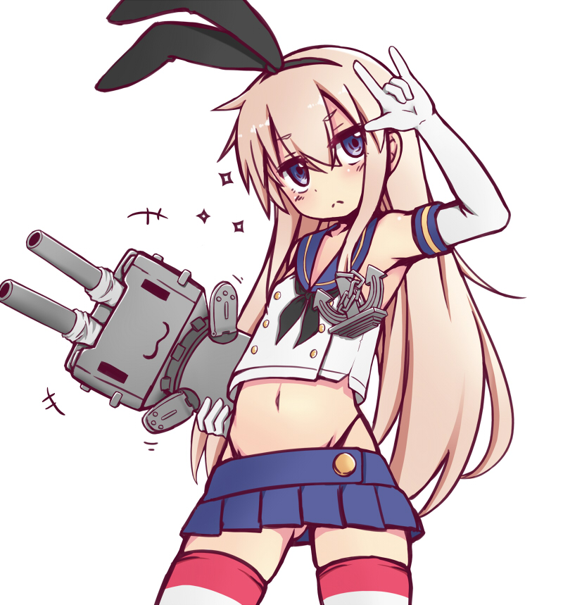 1girl, :3, anchor, blonde_hair, blue_eyes, elbow_gloves, gloves, hairband, kantai_collection, long_hair, mrisk, navel, personification, rensouhou-chan, shimakaze_(kantai_collection), simple_background, skirt, striped, striped_legwear, thighhighs, white_background, white_gloves