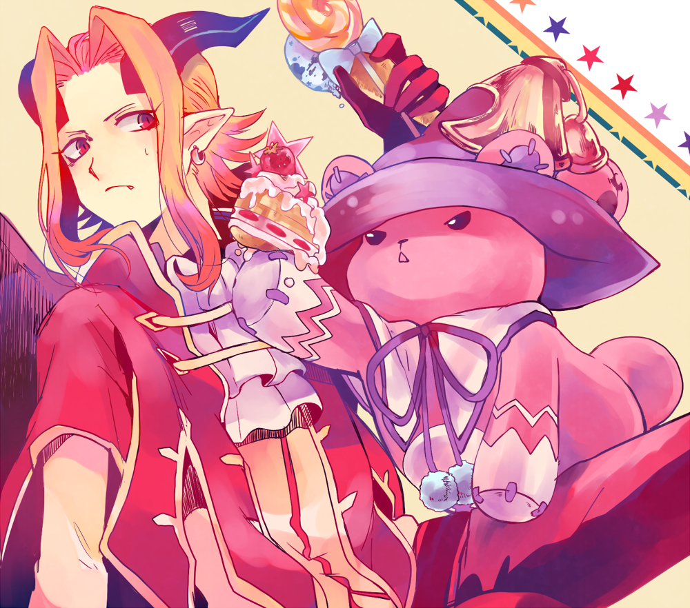 1boy, bear, belial_(p&amp;d), blonde_hair, cake, candy, dumpty, emil_chronicle_online