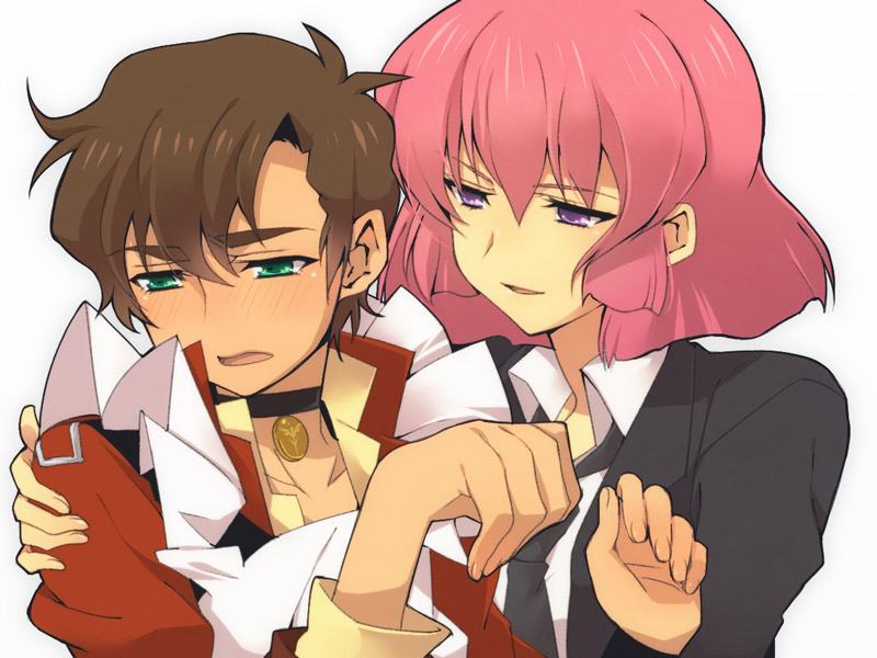1boy, 1girl, blush, brown_hair, choker, formal, green_eyes, gundam