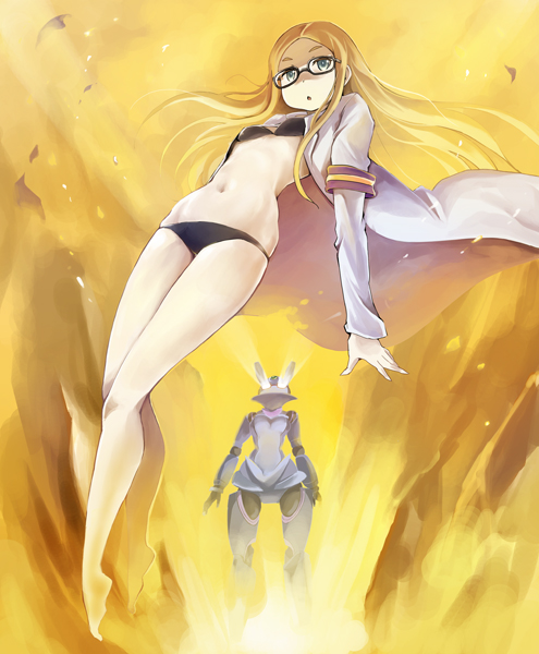 2girls, aqua_eyes, armband, black_bra, black_panties, blonde_hair, bra, glasses