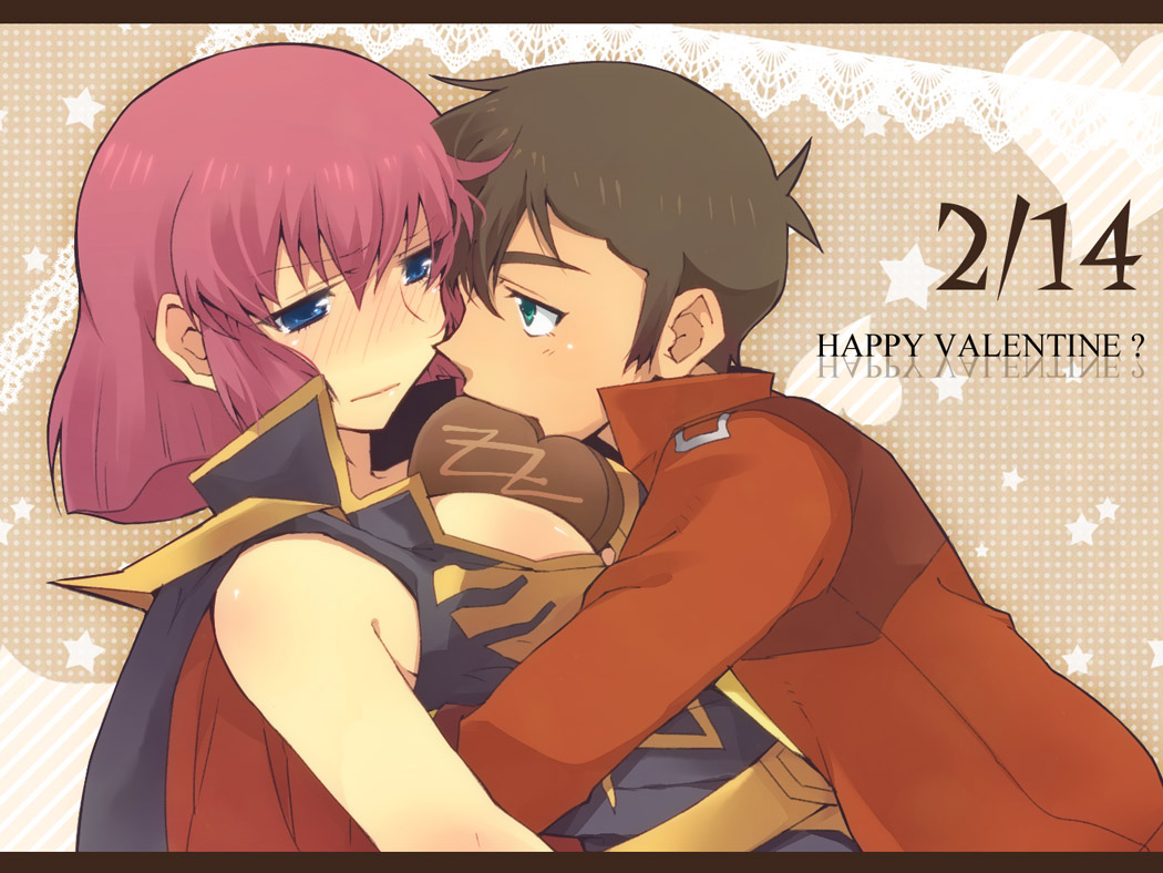 1boy, 1girl, between_breasts, blue_eyes, blush, breasts, brown_hair, cape