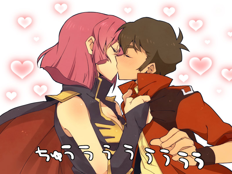 1boy, 1girl, blush, breasts, bridal_gauntlets, brown_hair, cape, cleavage