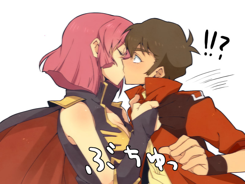 !!?, 1boy, 1girl, blush, breasts, bridal_gauntlets, brown_hair, cape