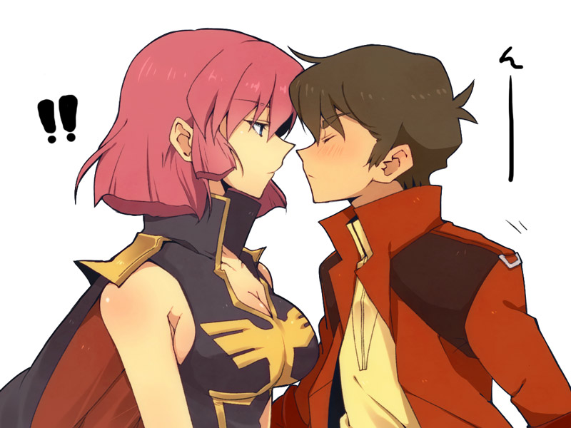 !!, 1boy, 1girl, blue_eyes, blush, breasts, brown_hair, cape