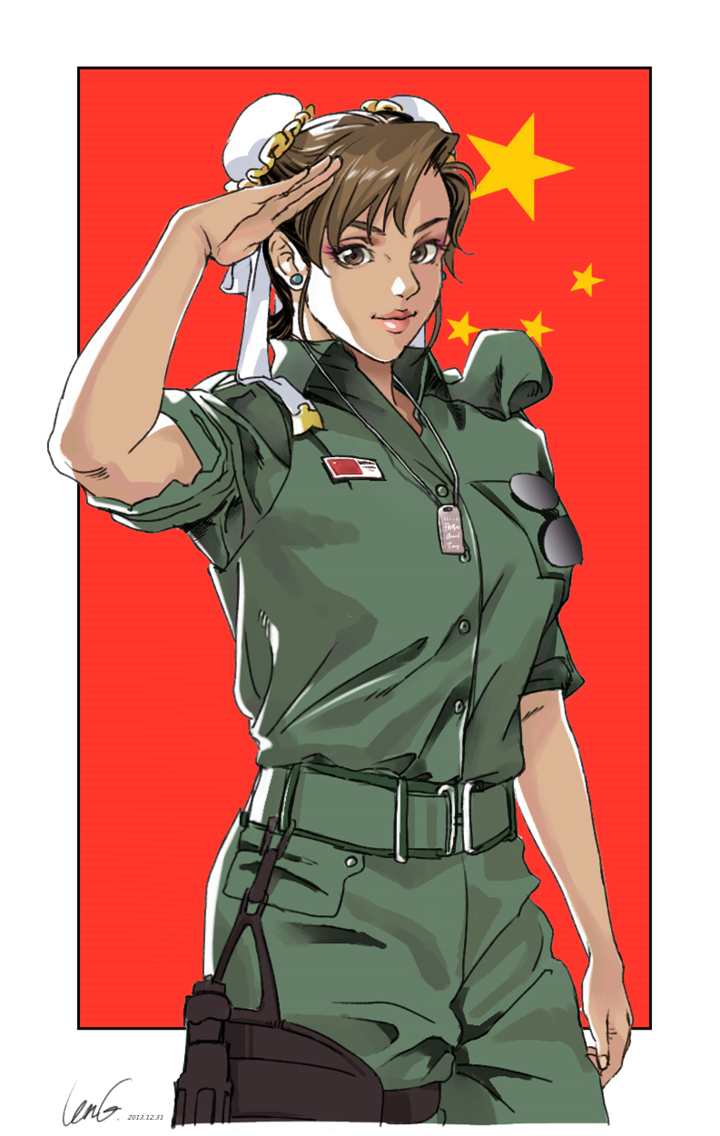 brown_eyes, brown_hair, capcom, chun-li, double_bun, flag, gtolin_chang, highres, military, military_uniform, people's_republic_of_china_flag, street_fighter, uniform