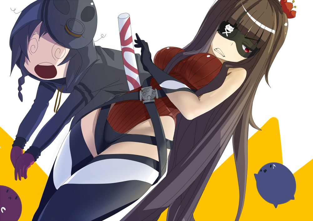 1boy, 1girl, @_@, bare_shoulders, black_hair, dva, eyepatch, flower