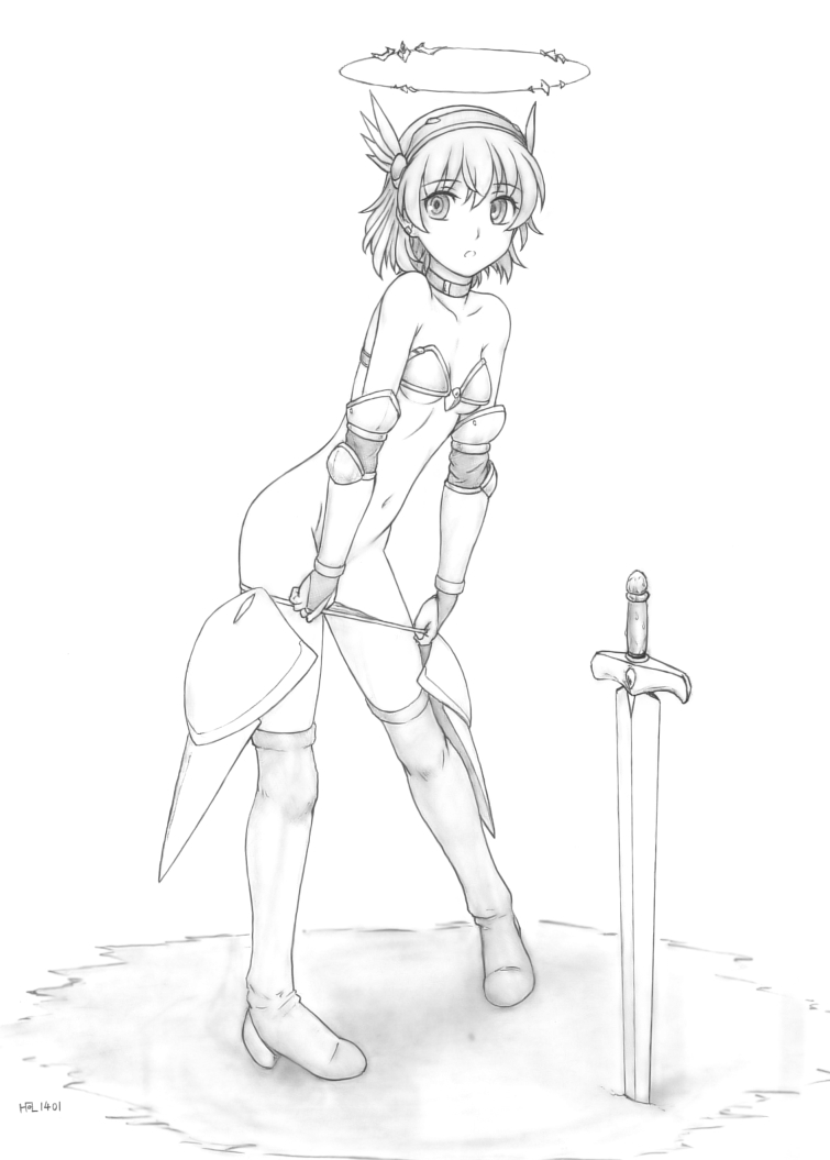 1girl, armor, bikini_armor, bikini_pull, boots, collarbone, gauntlets, graphite_(medium)