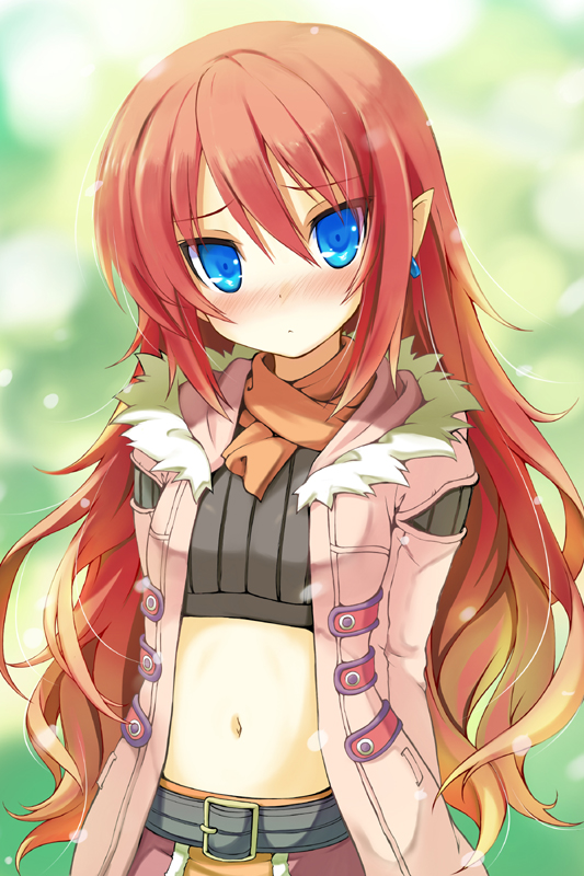 belt, belt_buckle, blue_eyes, blue_hair, blush, buckle, earrings, jacket