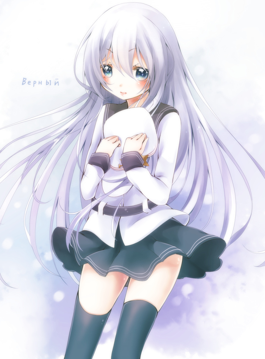 1girl, black_legwear, blue_eyes, blush, character_name, hammer_and_sickle, hat, hat_removed