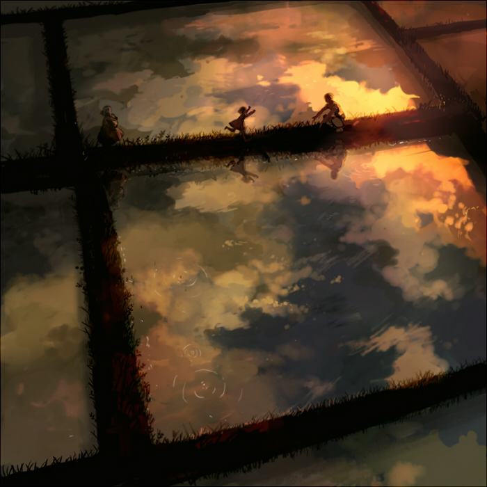 1boy, 2girls, cloudy_sky, multiple_girls, original, outdoors, pon_(cielo), puddle