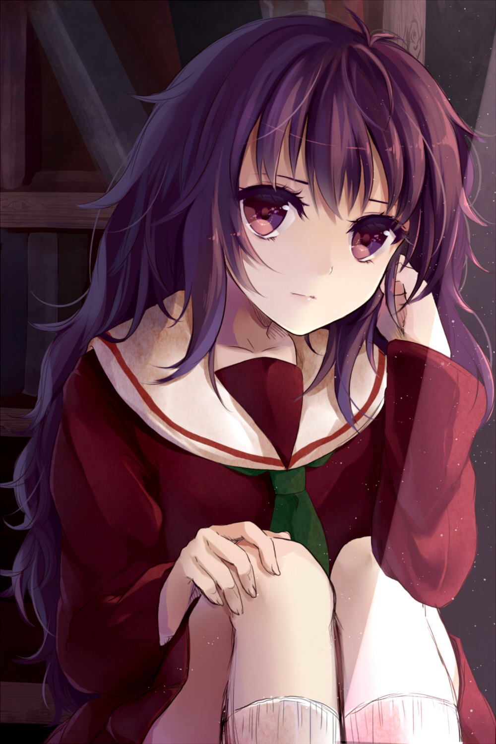 1girl, brown_eyes, highres, kirisame_ga_furu_mori, long_hair, looking_at_viewer, puracotte, purple_hair, sakuma_miyako, school_uniform, serafuku, sitting