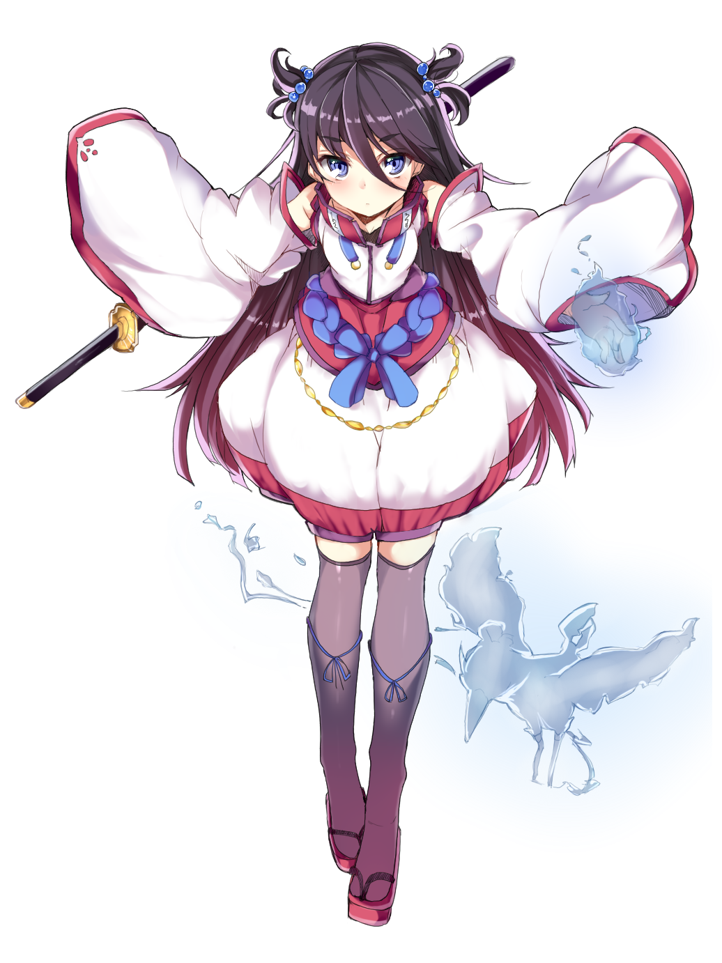 1girl, bare_shoulders, black_hair, black_legwear, blue_eyes, detached_sleeves, hair_bobbles, hair_ornament