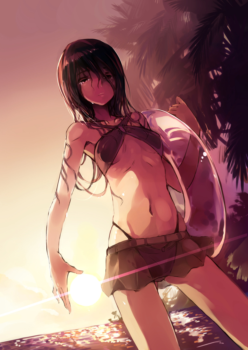 1girl, absurdres, bikini, bikini_skirt, black_bikini, black_hair, brown_eyes, criss-cross_halter