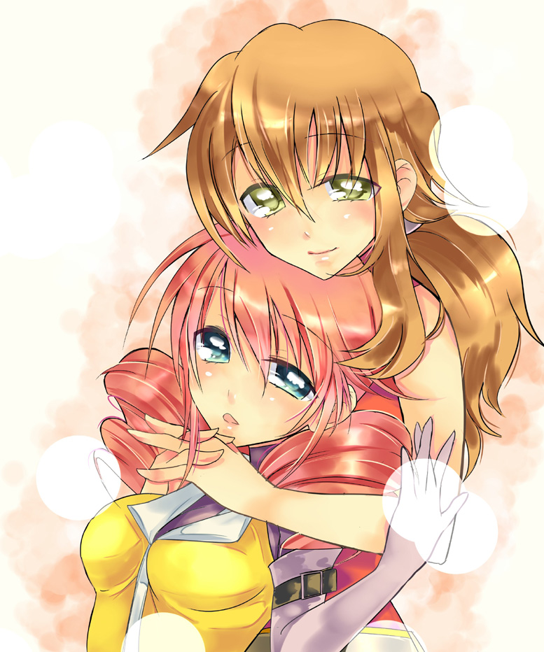 2girls, blue_eyes, breasts, christina_sierra, drill_hair, feldt_grace, gloves, green_eyes