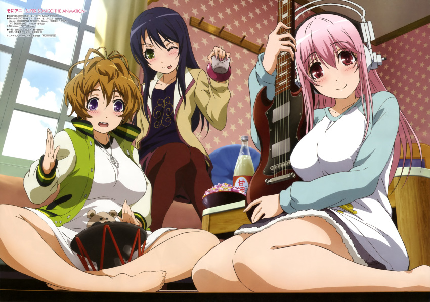 3girls, :d, ;p, absurdres, barefoot, black_hair, blush, brown_hair, casual, drink, feet, fujimi_suzu, green_eyes, guitar, highres, instrument, legs, letterman_jacket, long_hair, multiple_girls, nitroplus, official_art, open_mouth, pink_hair, raglan_sleeves, red_eyes, short_hair, smile, soniani, super_sonico, tamura_masafumi, tongue, violet_eyes, watanuki_fuuri, wink