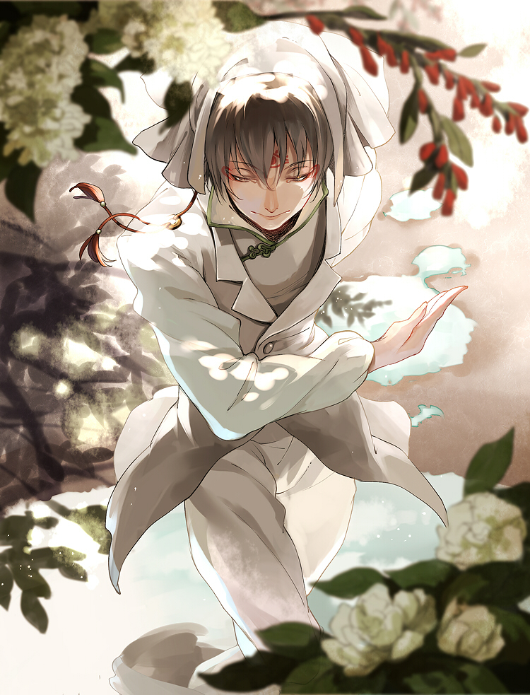 1boy, black_hair, eyeshadow, facial_mark, fingernails, flower, hakutaku_(hoozuki_no_reitetsu), hoozuki_no_reitetsu
