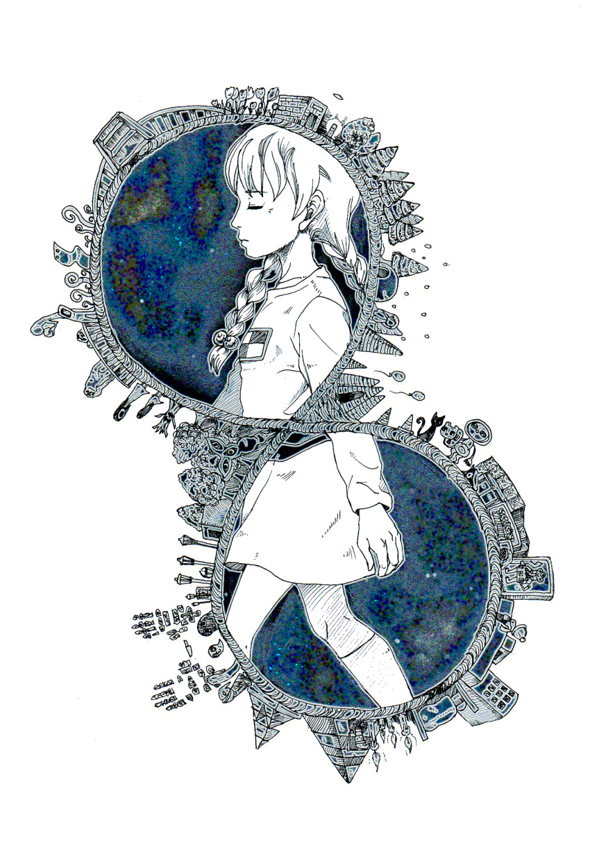 1girl, braid, cat, closed_eyes, creature, highres, madotsuki, skirt, solo, spot_color, surreal, tsukushi_(toxicdoll), twin_braids, waling, yume_nikki