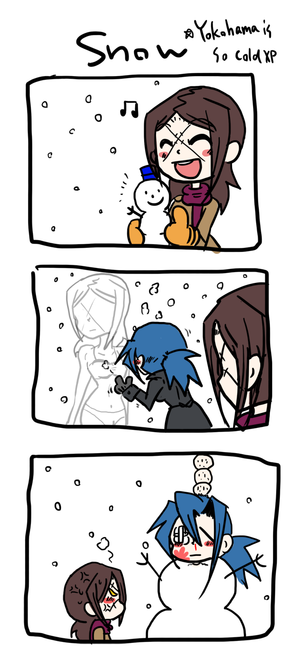 2girls, 3koma, ^_^, blue_hair, blush, blush_stickers, brown_hair, carol_(skullgirls)